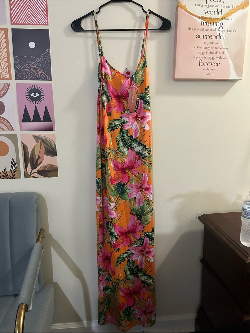 Tropical Floral Maxi Slip Dress - Vibrant Orange & Pink